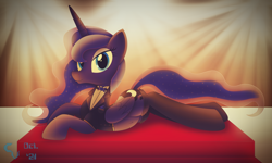 Size: 4914x2940 | Tagged: safe, artist:cosmikvek, imported from derpibooru, princess luna, alicorn, pony, belly button, bowtie, carpet, classy, clothes, female, high res, lights, looking at you, lying down, mare, prone, red carpet, smiling, smiling at you, socks, solo, thigh highs, tuxedo