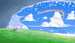 Size: 3500x2000 | Tagged: safe, artist:coffeeponee, imported from derpibooru, rainbow dash, twilight sparkle, pegasus, unicorn, absurd file size, amogus, among us, book, cloud, cloudy, female, fence, field, flower, flying, high res, mare, meme, mountain, rainbow, rainbow trail, scenery, unicorn twilight, when you see it