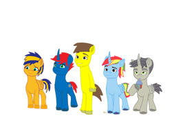 Size: 1280x880 | Tagged: safe, artist:johnnybro288, imported from derpibooru, oc, oc:flare spark, oc:johnny, oc:nico, oc:shield wing, oc:train track, alicorn, earth pony, pegasus, unicorn, bipedal, g5, my little pony: a new generation, simple background, white background