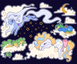 Size: 4096x3413 | Tagged: safe, artist:rainbowheartunicorn, imported from derpibooru, night glider (g1), night light (g1), pillow talk (g1), pony, bow, cloud, crescent moon, eyes closed, floppy ears, flying, g1, long mane, long tail, moon, nachtlicht, napper, night, on a cloud, sleeping, sleeping on a cloud, stars, tail, tail bow, transparent moon, twice as fancy ponies, white pupils