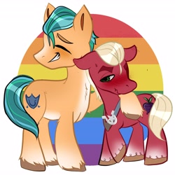 Size: 4096x4096 | Tagged: dead source, safe, artist:sunnyscribble, imported from derpibooru, hitch trailblazer, sprout cloverleaf, earth pony, pony, blaze (coat marking), blushing, coat markings, eyes closed, facial markings, g5, gay, hitchsprout, hug, male, my little pony: a new generation, nervous, pride flag, shipping, simple background, smiling, socks (coat markings), stallion