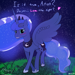 Size: 4000x4000 | Tagged: safe, artist:enonnnymous, imported from derpibooru, princess luna, alicorn, pony, /moon/, absurd resolution, blushing, ethereal mane, female, floating heart, heart, hoof shoes, implied anon, jewelry, lidded eyes, looking at you, mare, night, peytral, question, regalia, solo, spread wings, stars, talking to viewer, wings