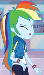 Size: 1920x3239 | Tagged: safe, imported from derpibooru, screencap, rainbow dash, equestria girls, equestria girls series, holidays unwrapped, spoiler:eqg series (season 2), breasts, clothes, cropped, cutie mark, cutie mark on clothes, dashing through the mall, eyes closed, female, frown, geode of super speed, high res, hoodie, jewelry, magical geodes, necklace, open mouth, solo