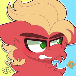 Size: 2000x2000 | Tagged: safe, artist:saveraedae, imported from derpibooru, sprout cloverleaf, earth pony, pony, angry, blushing, blushing profusely, chest fluff, floppy ears, g5, gritted teeth, high res, implied gay, implied hitchsprout, implied shipping, looking away, male, my little pony: a new generation, solo, stallion