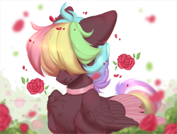 Size: 3300x2500 | Tagged: safe, artist:avroras_world, imported from derpibooru, oc, oc only, oc:walter evans, pegasus, pony, choker, flower, high res, male, multicolored mane, pegasus oc, rose, solo, stallion, wings