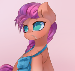 Size: 2600x2470 | Tagged: safe, artist:jfrxd, imported from derpibooru, sunny starscout, earth pony, pony, bag, candy, female, food, g5, high res, lollipop, mare, my little pony: a new generation, saddle bag, smiling, solo, white pupils