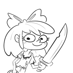Size: 1584x1584 | Tagged: safe, artist:tjpones, imported from derpibooru, apple bloom, human, black and white, female, freckles, grayscale, humanized, lineart, machete, monochrome, simple background, smiling, solo, tattered, white background