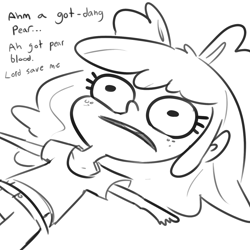 Size: 1584x1584 | Tagged: safe, artist:tjpones, imported from derpibooru, apple bloom, human, black and white, dialogue, existential crisis, freckles, grayscale, humanized, lineart, lying down, monochrome, on back, puns in the comments, solo, talking to herself