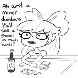 Size: 1584x1584 | Tagged: safe, artist:tjpones, imported from derpibooru, apple bloom, human, alcohol, black and white, cigarette, dialogue, dollar, female, freckles, grayscale, humanized, looking up, money, monochrome, simple background, solo, south park, vulgar, white background