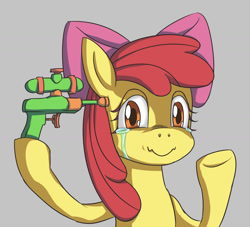 Size: 1500x1363 | Tagged: safe, artist:sonicdramon, imported from derpibooru, apple bloom, earth pony, pony, crying, female, filly, implied suicide attempt, solo, water pistol, watergun
