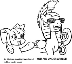 Size: 1202x1061 | Tagged: safe, artist:sonicdramon, imported from derpibooru, apple bloom, earth pony, pegasus, pony, cool, duo, female, filly, glasses, male, royal guard, stallion, text