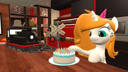 Size: 1920x1080 | Tagged: safe, artist:sevenxninja, derpibooru exclusive, imported from derpibooru, oc, oc only, oc:love biscuit, pony, unicorn, 3d, apartment, birthday, birthday cake, birthday candles, cake, cute, food, gmod, grand theft auto, gta v, hat, kitchen, microwave, orange, oven, party hat, smiling, smirk, solo, train, vase
