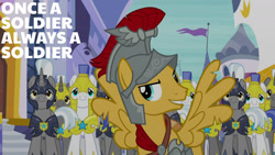 Size: 1280x720 | Tagged: safe, edit, edited screencap, editor:quoterific, imported from derpibooru, screencap, flash magnus, pegasus, pony, unicorn, a rockhoof and a hard place, season 8, spoiler:s08, grin, male, royal guard, smiling, spread wings, stallion, wings