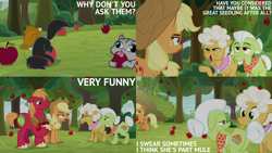 Size: 1280x720 | Tagged: safe, edit, edited screencap, editor:quoterific, imported from derpibooru, screencap, applejack, big macintosh, goldie delicious, granny smith, cat, earth pony, pony, going to seed, season 9, apple, applejack's hat, cowboy hat, female, food, hat, male, mare, open mouth, open smile, smiling, stallion, tree