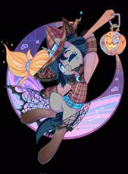 Size: 1510x2048 | Tagged: safe, artist:wavecipher, imported from derpibooru, oc, oc only, pony, unicorn, broom, flannel, flying, flying broomstick, halloween, hat, holiday, jack-o-lantern, looking at you, pumpkin, smiling, solo, witch hat