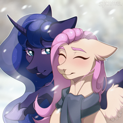 Size: 2000x2000 | Tagged: safe, artist:shchavel, imported from derpibooru, fluttershy, princess luna, alicorn, pegasus, pony, blushing, clothes, commission, cute, female, high res, mare, nudity, scarf, signature, snow, sternocleidomastoid, winter