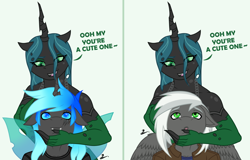 Size: 2320x1482 | Tagged: safe, artist:lumino010, imported from derpibooru, queen chrysalis, oc, oc:kryostasis, anthro, changeling, changeling queen, pegasus, breasts, changeling oc, clothes, commission, dress, female, gloves, horn, male, pegasus oc, text, wings, ych result, your character here