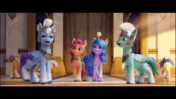 Size: 1280x720 | Tagged: safe, edit, editor:i-shooped-a-pwny, imported from derpibooru, screencap, izzy moonbow, queen haven, sunny starscout, earth pony, pegasus, pony, unicorn, spoiler:my little pony: a new generation, animated, black bars, female, g5, guard, guardsmare, male, mare, my little pony: a new generation, pegasus royal guard, royal guard, sound, stallion, thunder flap, webm, zoom zephyrwing
