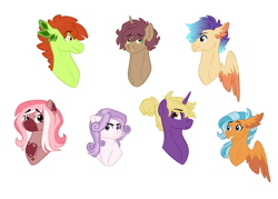 Size: 7000x5000 | Tagged: safe, artist:akajulester, imported from derpibooru, oc, oc only, oc:canon, oc:gizmo, oc:polyphony, oc:riptide, oc:seashell, oc:trailblazer, oc:wayfinder, dracony, hybrid, pony, unicorn, bust, colt, female, filly, interspecies offspring, magical lesbian spawn, male, next generation, offspring, parent:apple bloom, parent:button mash, parent:diamond tiara, parent:dinky hooves, parent:pipsqueak, parent:scootaloo, parent:silver spoon, parent:spike, parent:sweetie belle, parent:terramar, parents:dinkymash, parents:piptiara, parents:silverbelle, parents:spikebloom, parents:sweetiemash, parents:terraloo, simple background, white background