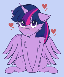 Size: 1920x2295 | Tagged: safe, artist:lucky-em, imported from derpibooru, twilight sparkle, alicorn, pony, blue background, cheek fluff, chest fluff, female, heart, mare, simple background, smiling, solo, twilight sparkle (alicorn)