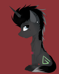 Size: 2190x2738 | Tagged: safe, artist:lucky-em, imported from derpibooru, oc, oc only, pony, unicorn, chest fluff, ear piercing, high res, horn, piercing, red background, simple background, solo, unicorn oc