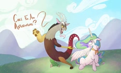 Size: 1080x652 | Tagged: safe, artist:coppercoffee, imported from derpibooru, discord, princess celestia, alicorn, draconequus, pony, antlers, beard, clothes, cloud, digital art, dislestia, facial hair, fangs, female, horn, male, mountain, outdoors, scarf, shipping, straight, sun