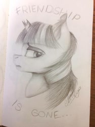 Size: 640x852 | Tagged: safe, artist:millefaller, imported from derpibooru, twilight sparkle, pony, unicorn, broken horn, ear fluff, female, frown, horn, lidded eyes, mare, sad, solo, talking, traditional art, unicorn twilight