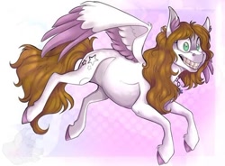 Size: 640x471 | Tagged: safe, artist:millefaller, imported from derpibooru, oc, oc only, pegasus, pony, colored hooves, colored wings, female, flying, grin, mare, pegasus oc, smiling, solo, two toned wings, wings