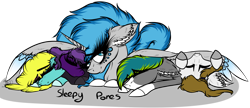 Size: 3102x1346 | Tagged: safe, artist:beamybutt, imported from derpibooru, oc, oc only, oc:moonbeam, alicorn, pony, ear fluff, ear piercing, eyelashes, female, group, hug, lying down, mare, piercing, prone, sleeping, snuggling, winghug, wings