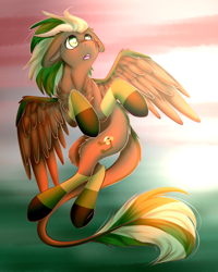 Size: 1600x2000 | Tagged: safe, artist:sketchytwi, imported from derpibooru, oc, oc only, oc:cicada, pegasus, pony, floppy ears, flying, leonine tail, looking up, male, pegasus oc, solo, stallion, tail, wings