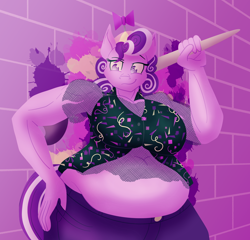 Size: 2500x2400 | Tagged: safe, artist:sixes&sevens, imported from derpibooru, screwball, anthro, earth pony, bbw, belly, belly button, breasts, brick wall, busty screwball, fat, female, fishnets, graffiti, hand on hip, high res, midriff, muscles, paintbrush, smiling, solo