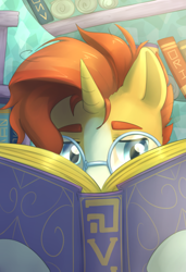 Size: 2435x3558 | Tagged: safe, artist:aquoquoo, imported from derpibooru, sunburst, pony, unicorn, book, coat markings, glasses, high res, lidded eyes, male, reading, socks (coat markings), solo, stallion, sunburst's glasses