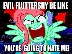 Size: 1197x897 | Tagged: safe, edit, edited screencap, imported from derpibooru, screencap, fluttershy, pegasus, season 1, the best night ever, caption, clothes, dress, evil character be like, female, flutterrage, gala dress, image macro, meme, text, you're going to love me