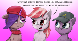 Size: 2000x1064 | Tagged: safe, artist:chopsticks, imported from derpibooru, sugar moonlight, earth pony, pegasus, pony, unicorn, beatnik, beatnik pony, beret, cheek fluff, chest fluff, clothes, dialogue, ear fluff, eyeshadow, facial hair, female, g5, goatee, hat, makeup, male, mare, my little pony: a new generation, onyx, ruddy sparks, scarf, stallion, text, trio