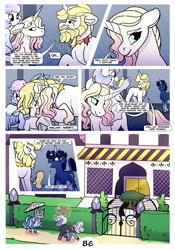 Size: 2100x3000 | Tagged: safe, artist:loryska, imported from derpibooru, prince blueblood, oc, oc:indigo sky, oc:ipomoea (loryska), oc:marshmallow kiss, pegasus, pony, unicorn, comic:friendship grows, female, filly, high res, magical lesbian spawn, male, mare, offspring, older, parent:trixie, parent:twilight sparkle, parents:twixie, stallion, umbrella