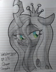 Size: 2904x3729 | Tagged: safe, artist:iceflower99, imported from derpibooru, queen chrysalis, changeling, changeling queen, bust, female, high res, inktober, inktober 2021, lined paper, solo, traditional art