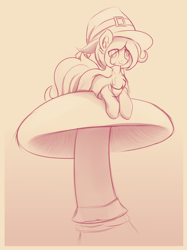 Size: 2676x3570 | Tagged: safe, artist:czu, imported from derpibooru, oc, oc only, oc:coven, earth pony, pony, hat, high res, looking at you, lying down, male, monochrome, mushroom, prone, smiling, solo, stallion, witch, witch hat