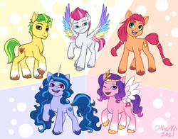 Size: 1048x823 | Tagged: safe, artist:othervio, imported from derpibooru, hitch trailblazer, izzy moonbow, pipp petals, sunny starscout, zipp storm, earth pony, pegasus, pony, unicorn, alternate color palette, colored wings, female, g5, male, mane five (g5), mare, multicolored wings, my little pony: a new generation, stallion, wings