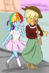 Size: 2000x3000 | Tagged: safe, artist:snowzaaah, imported from derpibooru, applejack, rainbow dash, equestria girls, appledash, clothes, female, high res, lesbian, rainbow dash always dresses in style, shipping, skirt