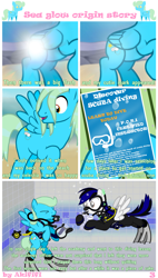 Size: 3000x5300 | Tagged: safe, artist:akififi, imported from derpibooru, oc, oc:sea glow, pegasus, pony, comic:sea glow origin story, air tank, beach, bubble, cutie mark, dive mask, diving, flippers (gear), flyer, lesson, scuba diving, scuba gear, snorkel, training, underwater, wet, wet mane, wetsuit