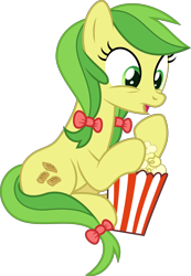 Size: 5047x7286 | Tagged: safe, artist:thatusualguy06, imported from derpibooru, apple fritter, earth pony, pony, growing up is hard to do, .svg available, absurd resolution, apple family member, background pony, bow, female, food, green eyes, hair bow, mare, open mouth, popcorn, simple background, sitting, solo, speedpaint available, tail, tail bow, transparent background, two toned mane, two toned tail, vector