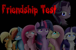 Size: 1024x679 | Tagged: safe, artist:enviaart, imported from derpibooru, applejack, fluttershy, pinkie pie, rainbow dash, rarity, starlight glimmer, twilight sparkle, alicorn, earth pony, pegasus, pony, unicorn, fanfic:the friendship test, black background, blood, blue eyes, blue fur, chest fluff, crying, curly mane, evil, evil grin, evil starlight, eyelashes, floppy ears, frown, glowing, glowing eyes, green eyes, grin, horn, long mane, looking offscreen, looking up, mane six, open mouth, orange fur, pink fur, pinkamena diane pie, purple eyes, purple fur, raised hoof, relapse, sad, scared, shiny mane, simple background, smiling, straight mane, tears of sadness, teeth, text, the friendship test, this will end in communism, twilight sparkle (alicorn), white fur