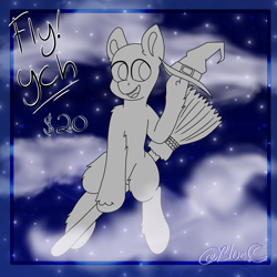 Size: 1439x1439 | Tagged: safe, artist:bluemoon, imported from derpibooru, oc, pony, broom, commission, flying, flying broomstick, halloween, hat, holiday, night, nightmare night, solo, witch hat, ych example, your character here