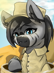 Size: 3120x4200 | Tagged: safe, artist:闪电_lightning, imported from derpibooru, pony, zebra, equestria at war mod, bust, clothes, ear fluff, eyebrows, eyebrows visible through hair, hat, looking at you, portrait, shirt, solo