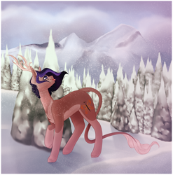 Size: 4168x4220 | Tagged: safe, artist:pokaparida, imported from derpibooru, oc, oc only, earth pony, pony, absurd resolution, antlers, female, forest, mare, mountain, snow, snowfall, solo, tongue out, tree