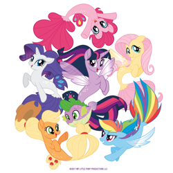 Size: 700x700 | Tagged: artist needed, safe, imported from derpibooru, applejack, fluttershy, pinkie pie, rainbow dash, rarity, spike, twilight sparkle, alicorn, fish, mermaid, pony, puffer fish, seapony (g4), my little pony: the movie, applejack's hat, blue eyes, closed mouth, cowboy hat, dorsal fin, female, fin wings, fins, fish tail, flowing mane, green eyes, hat, horn, light skin, looking at you, male, mane seven, mane six, mare, multicolored hair, official, open mouth, orange skin, pale skin, pink hair, pink skin, purple eyes, purple hair, purple skin, rainbow hair, red eyes, render, seaponified, seapony applejack, seapony fluttershy, seapony pinkie pie, seapony rainbow dash, seapony rarity, seapony twilight, simple background, smiling, species swap, spike the pufferfish, stock vector, tail, twilight sparkle (alicorn), vector, white background, yellow hair, yellow skin