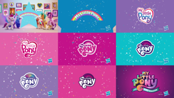 Size: 5760x3240 | Tagged: safe, composite screencap, edit, edited screencap, imported from derpibooru, screencap, fluttershy, hitch trailblazer, izzy moonbow, megan williams, pinkie pie, pipp petals, rainbow dash, rarity, sunny starscout, twilight sparkle, wishful, zipp storm, bushwoolie, earth pony, human, pegasus, pony, unicorn, abstract background, advertisement, comparison, g1, g3, g4, g5, hasbro logo, irl, irl human, mane five (g5), my little pony logo, my little pony: a new generation, my little pony: a new generation logo, photo, pony history, rainbow, sparkle, stars, text, unicorn twilight