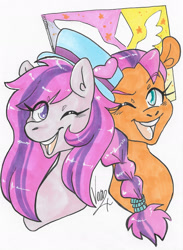 Size: 1738x2373 | Tagged: safe, artist:vederlicht, imported from derpibooru, sunny starscout, oc, oc:sweet haze, earth pony, cute, g5, hat, looking at you, my little pony: a new generation, one eye closed, open mouth, sign, traditional art, wink