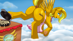 Size: 3840x2160 | Tagged: safe, artist:cainesart, imported from derpibooru, oc, oc only, oc:maple breeze, pegasus, pony, apron, breakfast, butt, clothes, cloud, cooking, female, food, high res, kicking, looking at you, looking back, looking back at you, plot, solo, waffle