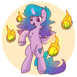 Size: 2804x2804 | Tagged: safe, artist:uteuk, imported from derpibooru, izzy moonbow, pony, unicorn, spoiler:my little pony: a new generation, backwards cutie mark, ball, bipedal, bracelet, female, fire, fireball, g5, glowing, glowing horn, high res, horn, izzy's tennis ball, jewelry, magic, mare, my little pony: a new generation, open mouth, solo, telekinesis, tennis ball, three quarter view